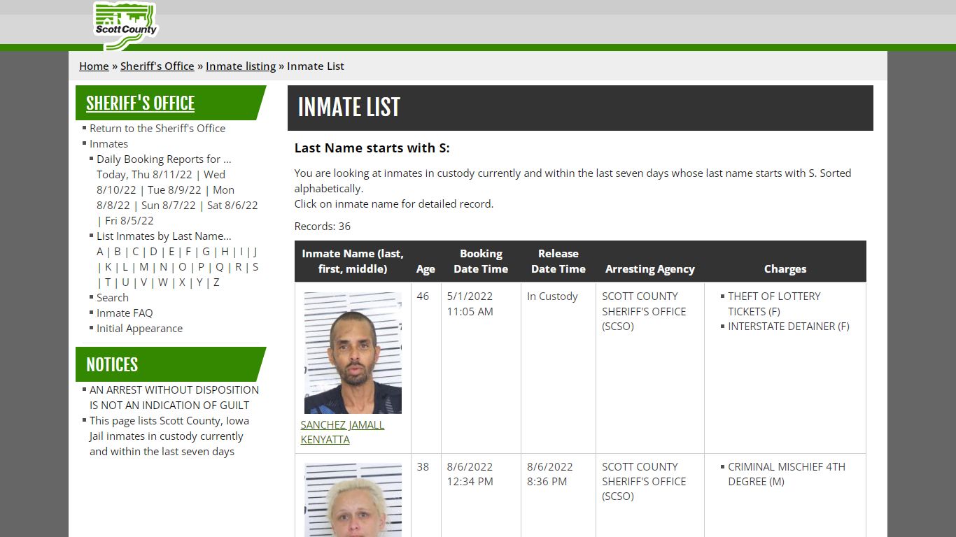 Inmate List - Scott County, Iowa